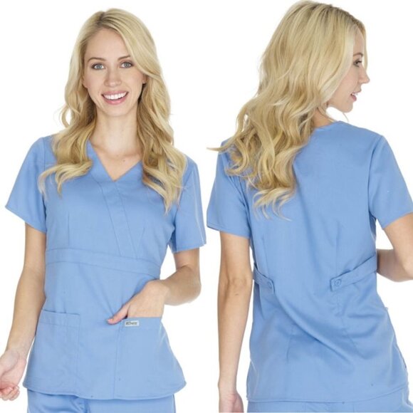 Grey's Anatomy Tops - New Grey's Anatomy 3 Pocket Mock Wrap Scrub Top Style 4153 Ciel Blue Small